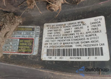 2013 Honda Civic Lx z USA, uszkodzony, nr VIN 2HGFG3A5XDH500686